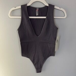 NWT Mono B Women's Gray Ripped V-Neck Thong Bodysuit